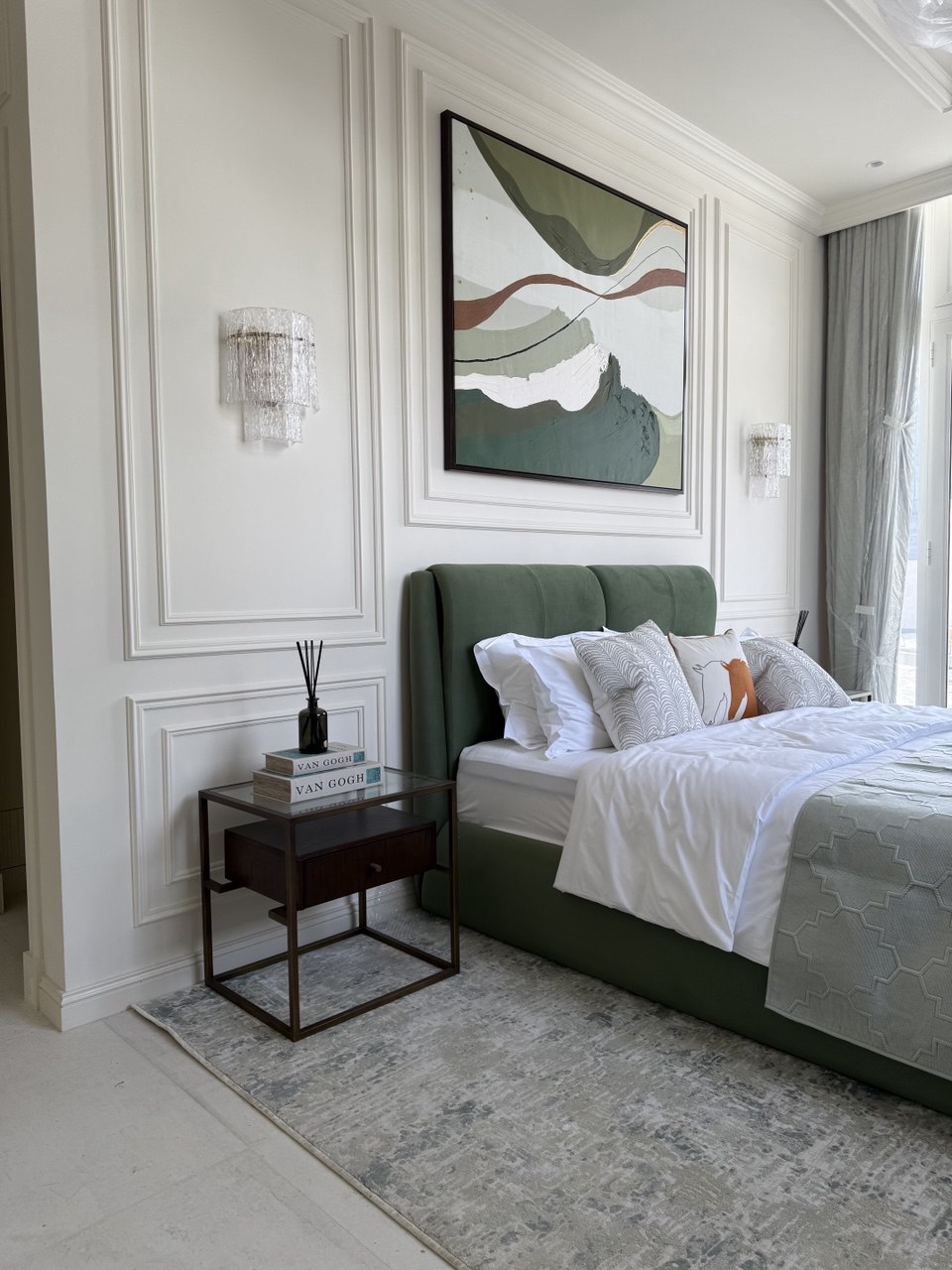 Green Textured Acrylic Painting in Bedroom