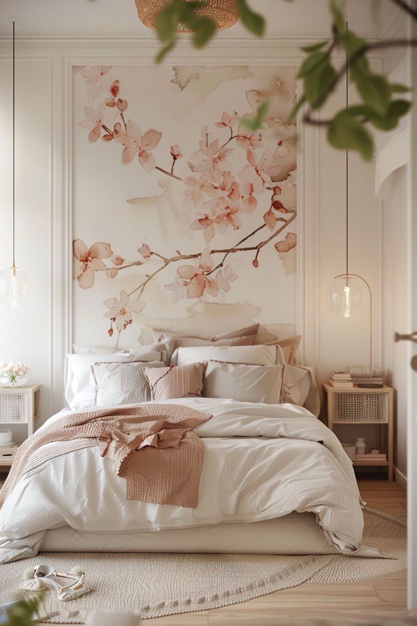 Cherry Blossom Painting on Wall for Pink Bedroom